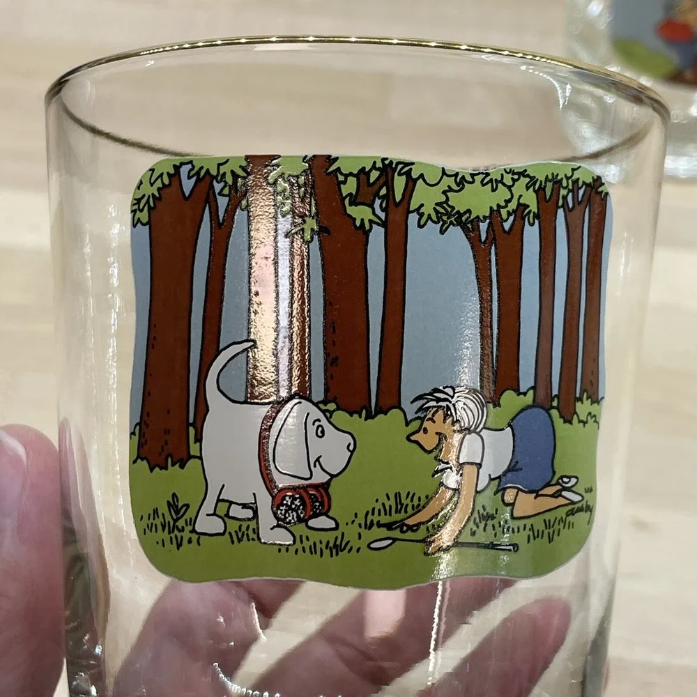 Vintage Ashby Glasses 8pc Golf Funny‎ Cartoon Low Ball Whiskey Man's Cave Decor